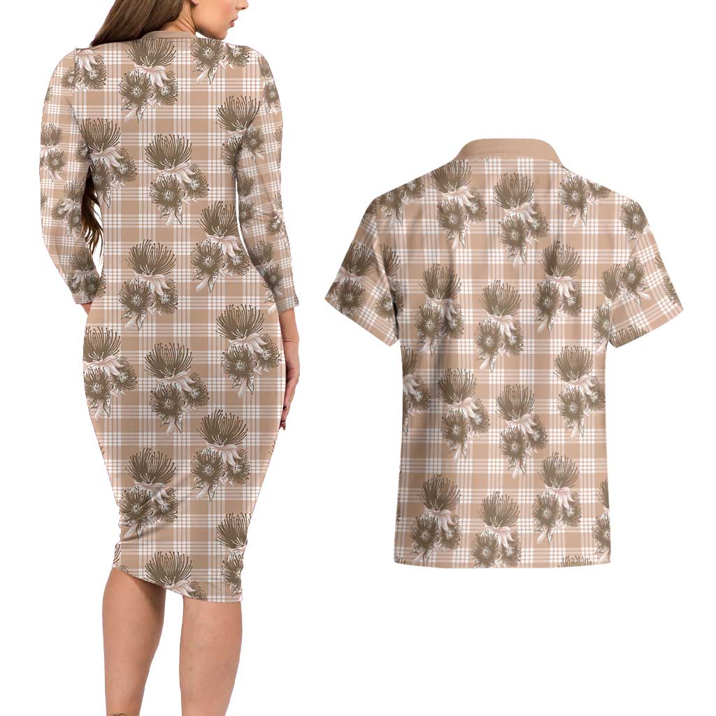 Brown Palaka Hawaii Couples Matching Long Sleeve Bodycon Dress and Hawaiian Shirt Hawaiian Lehua Blossoms LT05 - Polynesian Pride