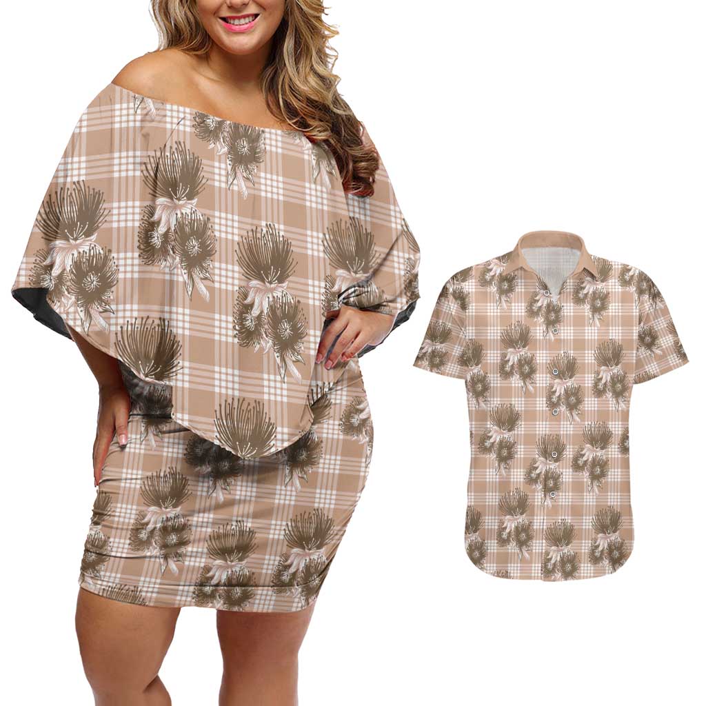 Brown Palaka Hawaii Couples Matching Off Shoulder Short Dress and Hawaiian Shirt Hawaiian Lehua Blossoms