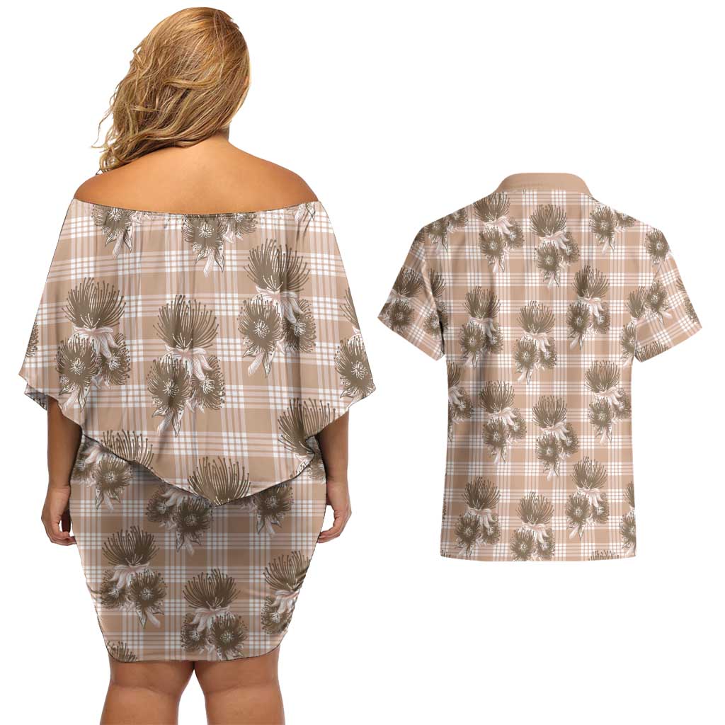 Brown Palaka Hawaii Couples Matching Off Shoulder Short Dress and Hawaiian Shirt Hawaiian Lehua Blossoms