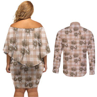 Brown Palaka Hawaii Couples Matching Off Shoulder Short Dress and Long Sleeve Button Shirt Hawaiian Lehua Blossoms