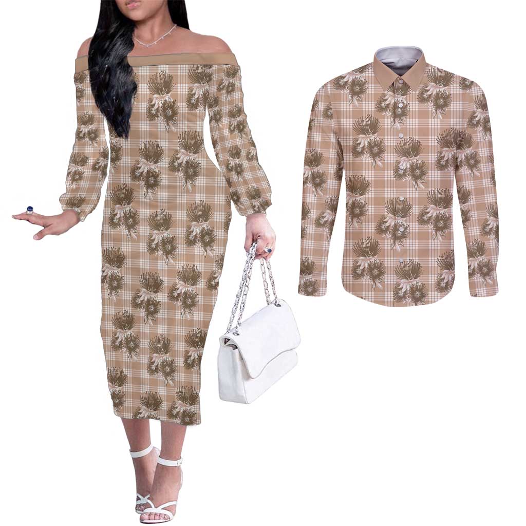 Brown Palaka Hawaii Couples Matching Off The Shoulder Long Sleeve Dress and Long Sleeve Button Shirt Hawaiian Lehua Blossoms
