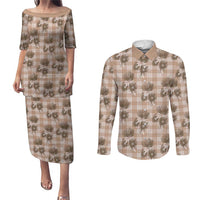 Brown Palaka Hawaii Couples Matching Puletasi and Long Sleeve Button Shirt Hawaiian Lehua Blossoms