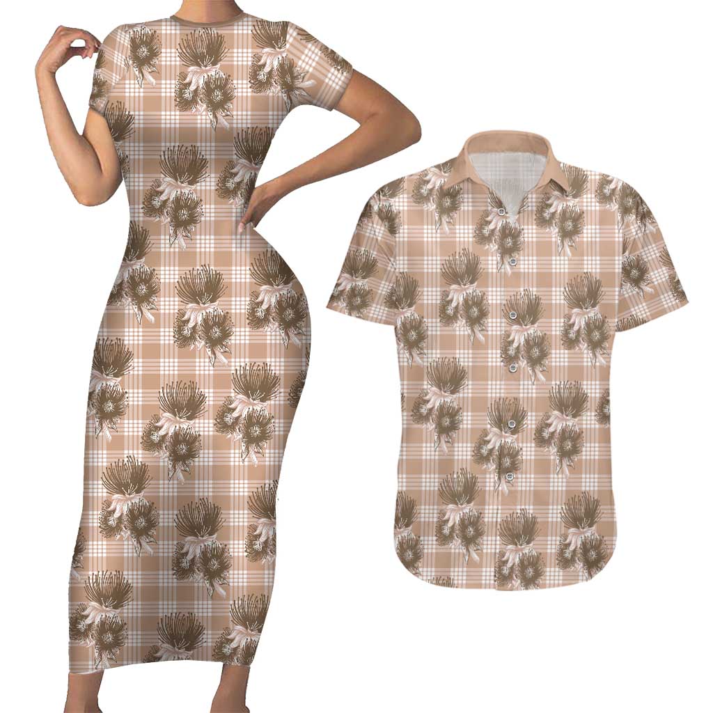 Brown Palaka Hawaii Couples Matching Short Sleeve Bodycon Dress and Hawaiian Shirt Hawaiian Lehua Blossoms LT05 Brown - Polynesian Pride