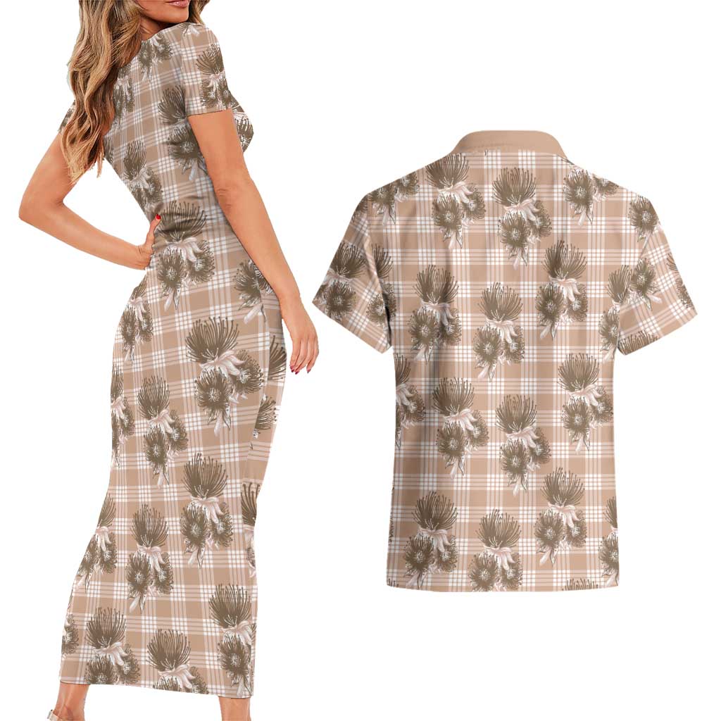Brown Palaka Hawaii Couples Matching Short Sleeve Bodycon Dress and Hawaiian Shirt Hawaiian Lehua Blossoms LT05 - Polynesian Pride