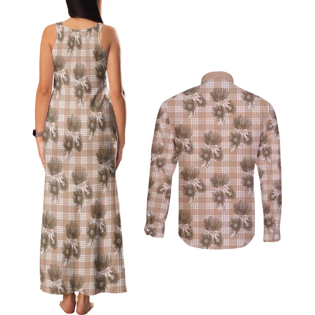 Brown Palaka Hawaii Couples Matching Tank Maxi Dress and Long Sleeve Button Shirt Hawaiian Lehua Blossoms