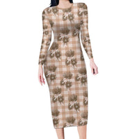Brown Palaka Hawaii Family Matching Long Sleeve Bodycon Dress and Hawaiian Shirt Hawaiian Lehua Blossoms LT05 Mom's Dress Brown - Polynesian Pride