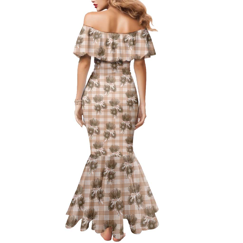 Brown Palaka Hawaii Family Matching Mermaid Dress and Hawaiian Shirt Hawaiian Lehua Blossoms LT05 - Polynesian Pride