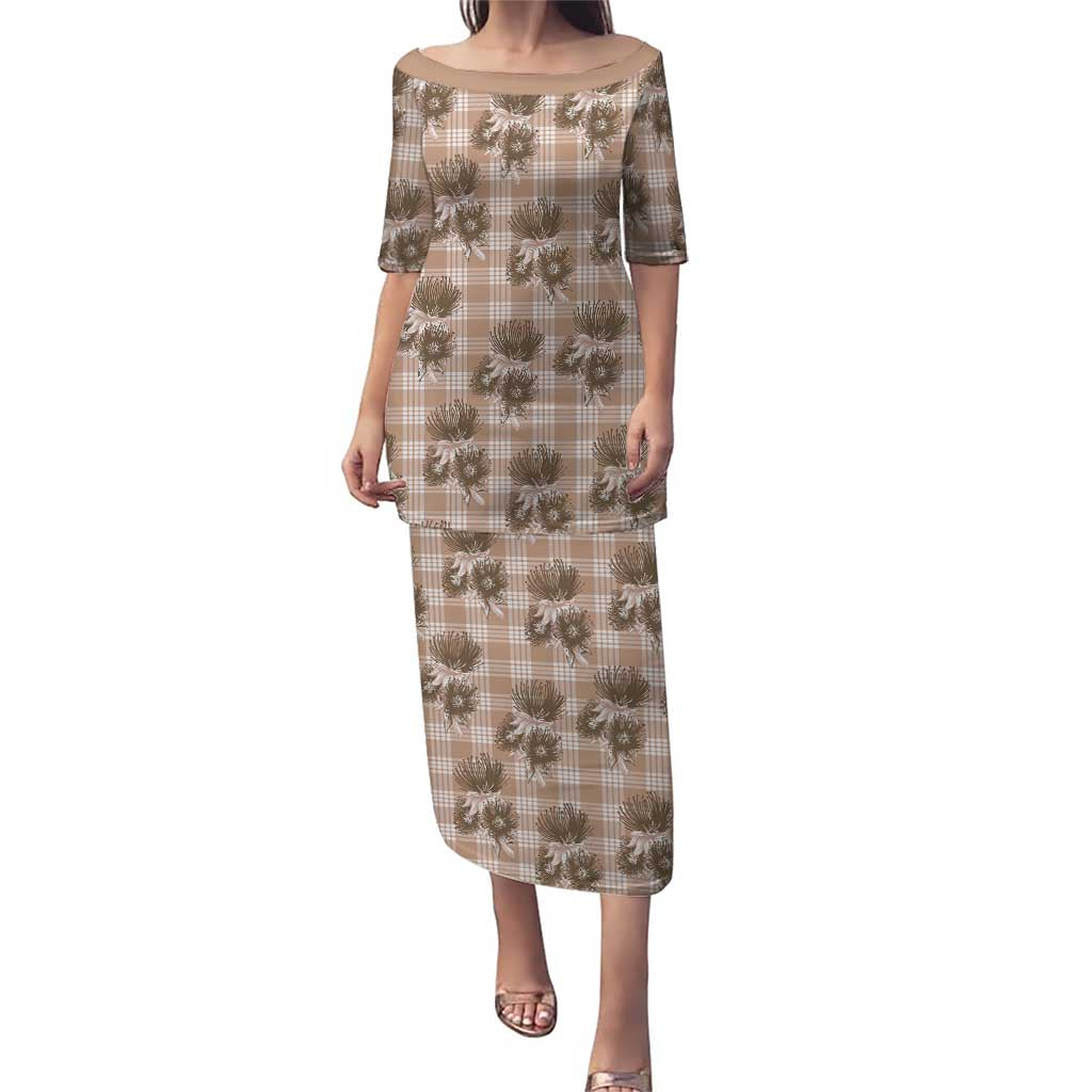 Brown Palaka Hawaii Family Matching Puletasi and Hawaiian Shirt Hawaiian Lehua Blossoms LT05 Mom's Dress Brown - Polynesian Pride