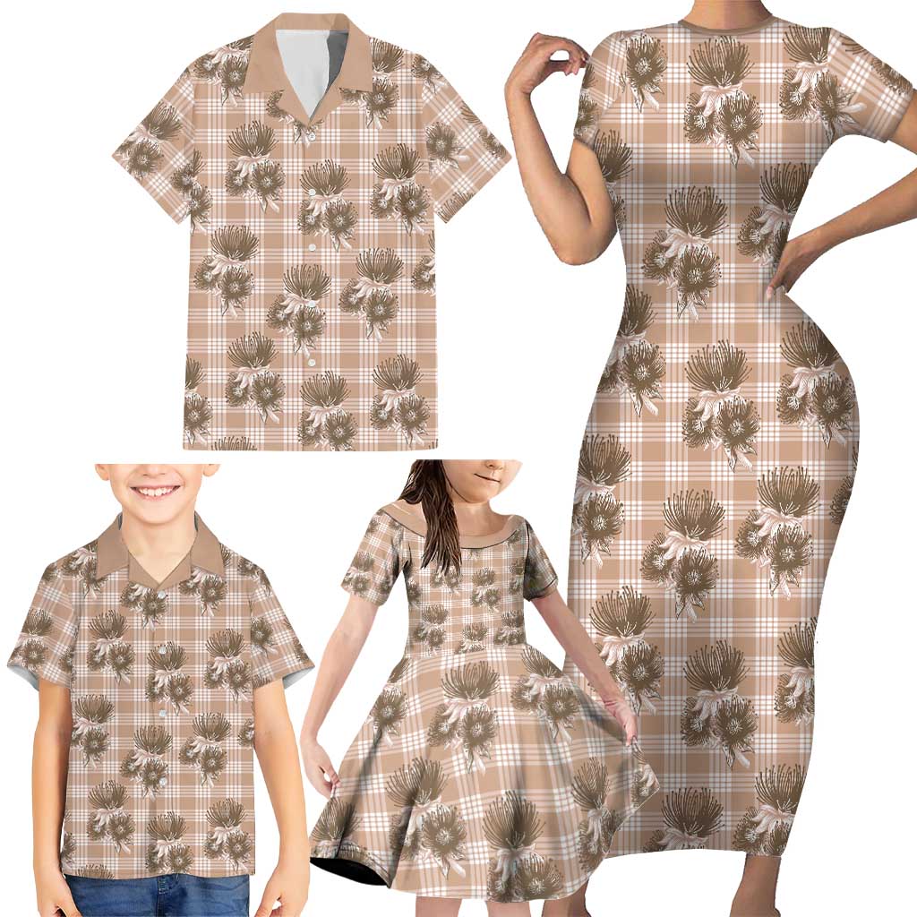 Brown Palaka Hawaii Family Matching Short Sleeve Bodycon Dress and Hawaiian Shirt Hawaiian Lehua Blossoms LT05 - Polynesian Pride