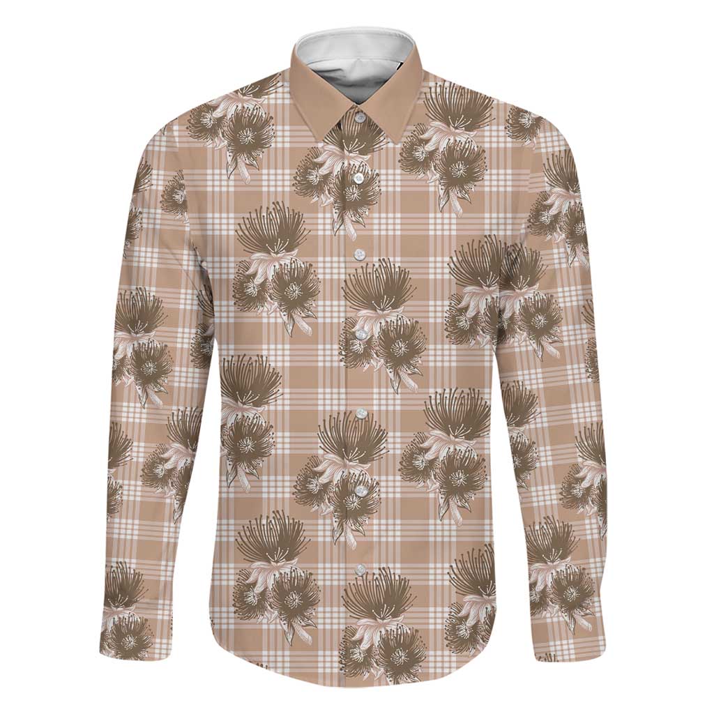 Brown Palaka Hawaii Family Matching Summer Maxi Dress and Hawaiian Shirt Hawaiian Lehua Blossoms LT05 Dad's Shirt - Long Sleeve Brown - Polynesian Pride