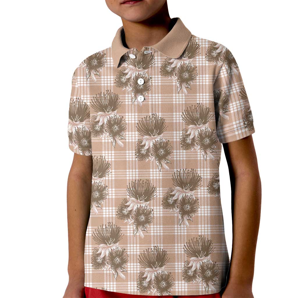 Brown Palaka Hawaii Kid Polo Shirt Hawaiian Lehua Blossoms
