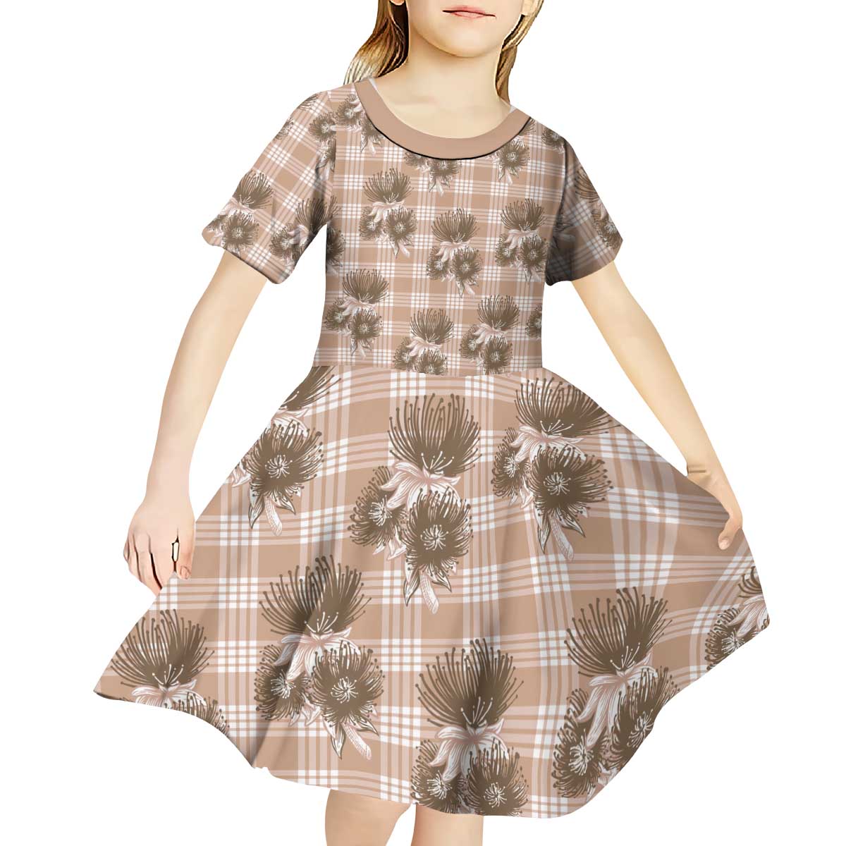 Brown Palaka Hawaii Kid Short Sleeve Dress Hawaiian Lehua Blossoms