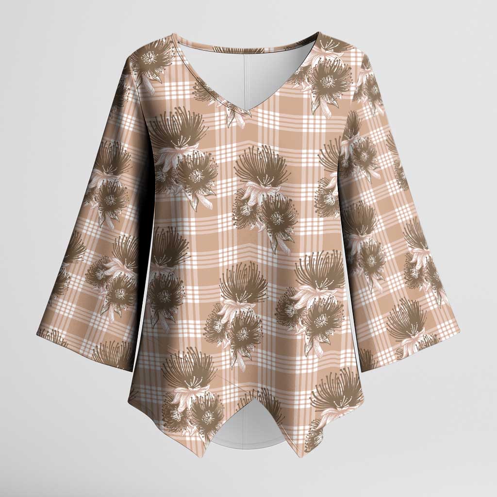 Brown Palaka Hawaii Kimono Sleeve Blouse Hawaiian Lehua Blossoms