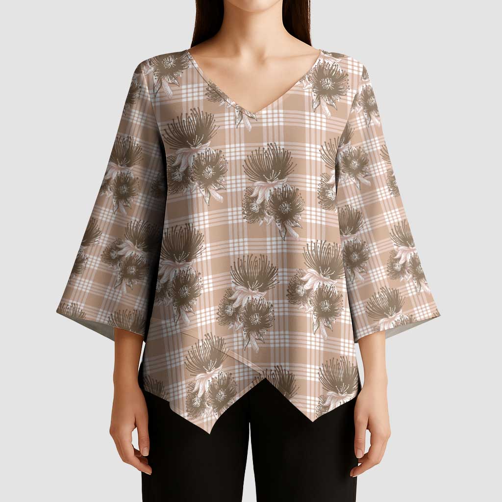 Brown Palaka Hawaii Kimono Sleeve Blouse Hawaiian Lehua Blossoms