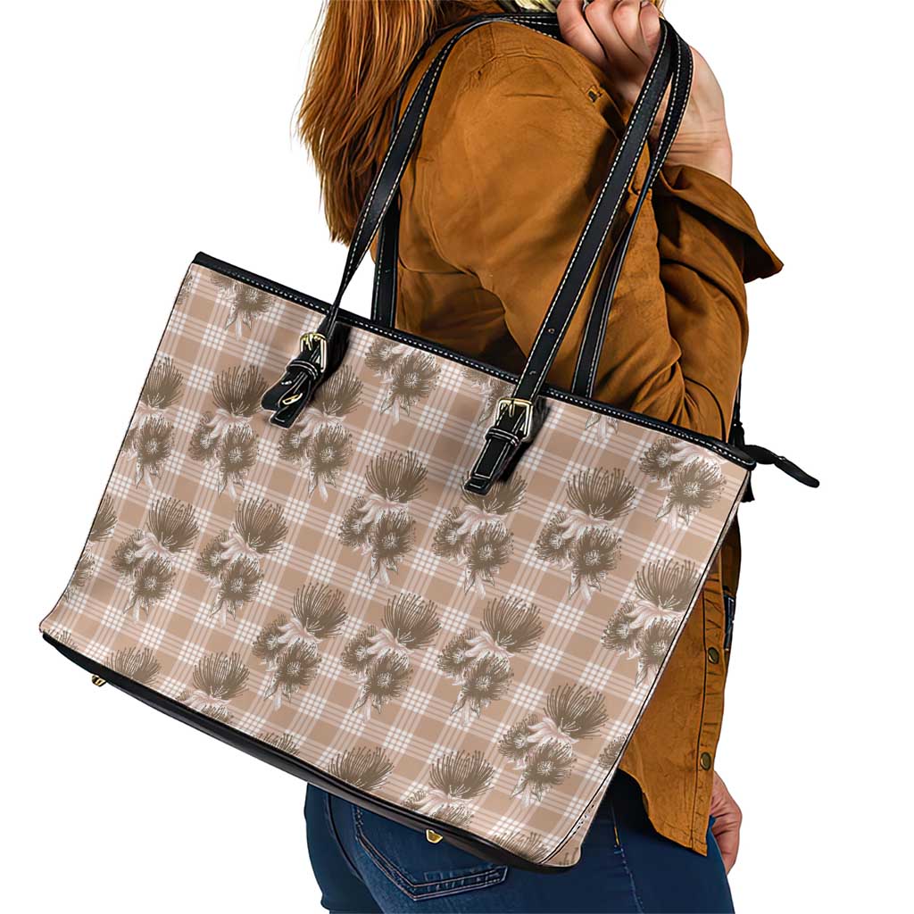 Brown Palaka Hawaii Leather Tote Bag Hawaiian Lehua Blossoms