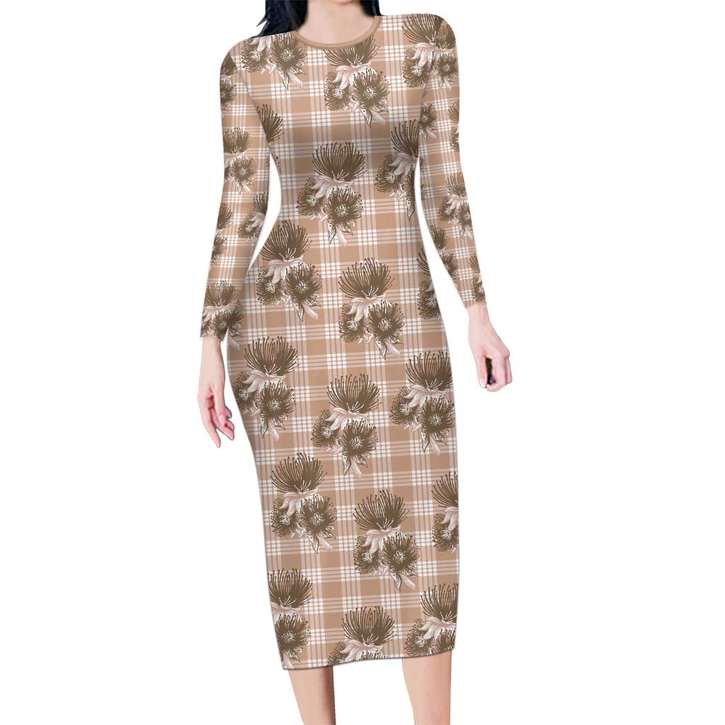 Brown Palaka Hawaii Long Sleeve Bodycon Dress Hawaiian Lehua Blossoms