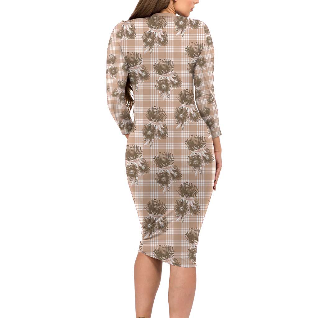 Brown Palaka Hawaii Long Sleeve Bodycon Dress Hawaiian Lehua Blossoms