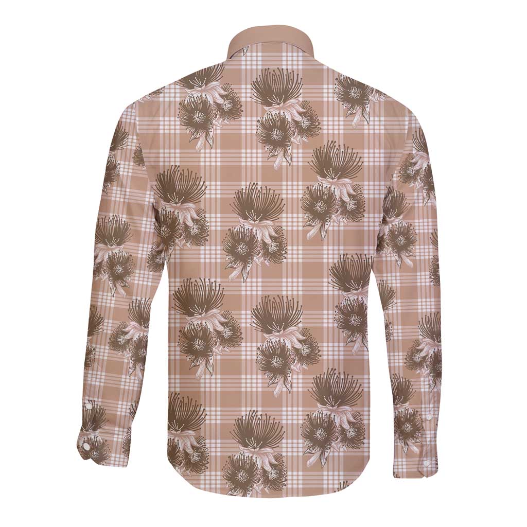 Brown Palaka Hawaii Long Sleeve Button Shirt Hawaiian Lehua Blossoms