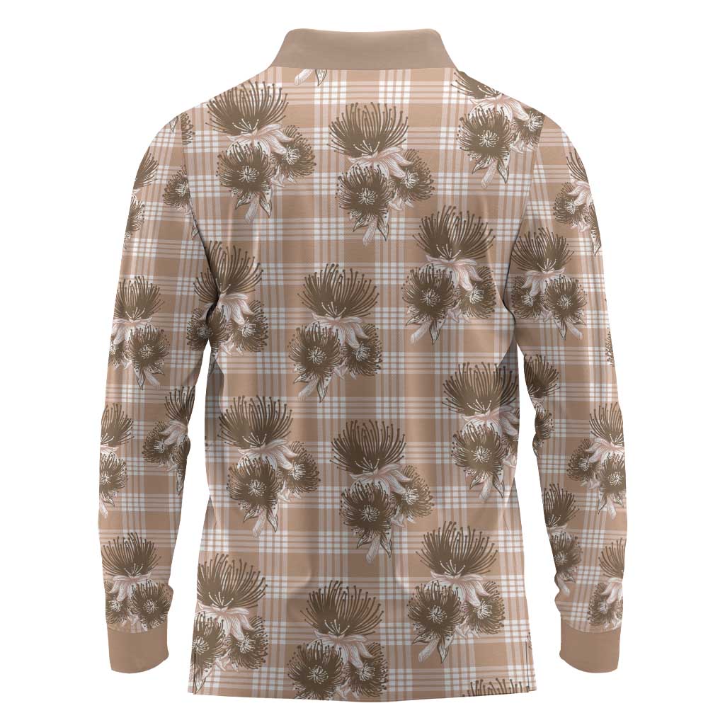 Brown Palaka Hawaii Long Sleeve Polo Shirt Hawaiian Lehua Blossoms
