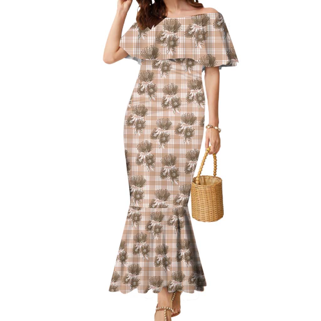 Brown Palaka Hawaii Mermaid Dress Hawaiian Lehua Blossoms
