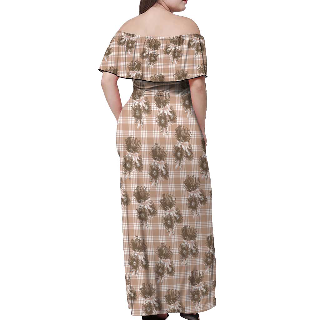 Brown Palaka Hawaii Off Shoulder Maxi Dress Hawaiian Lehua Blossoms