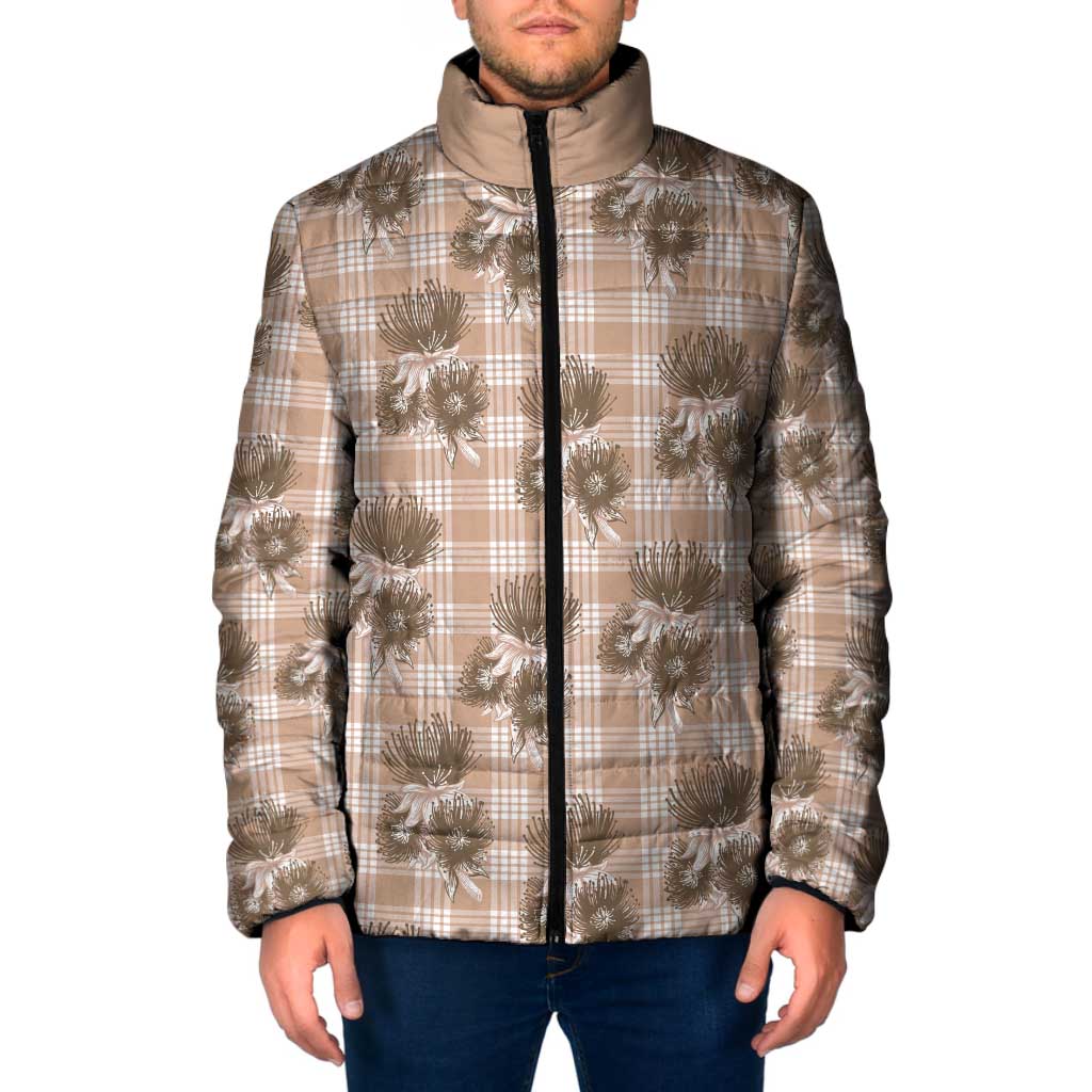 Brown Palaka Hawaii Padded Jacket Hawaiian Lehua Blossoms