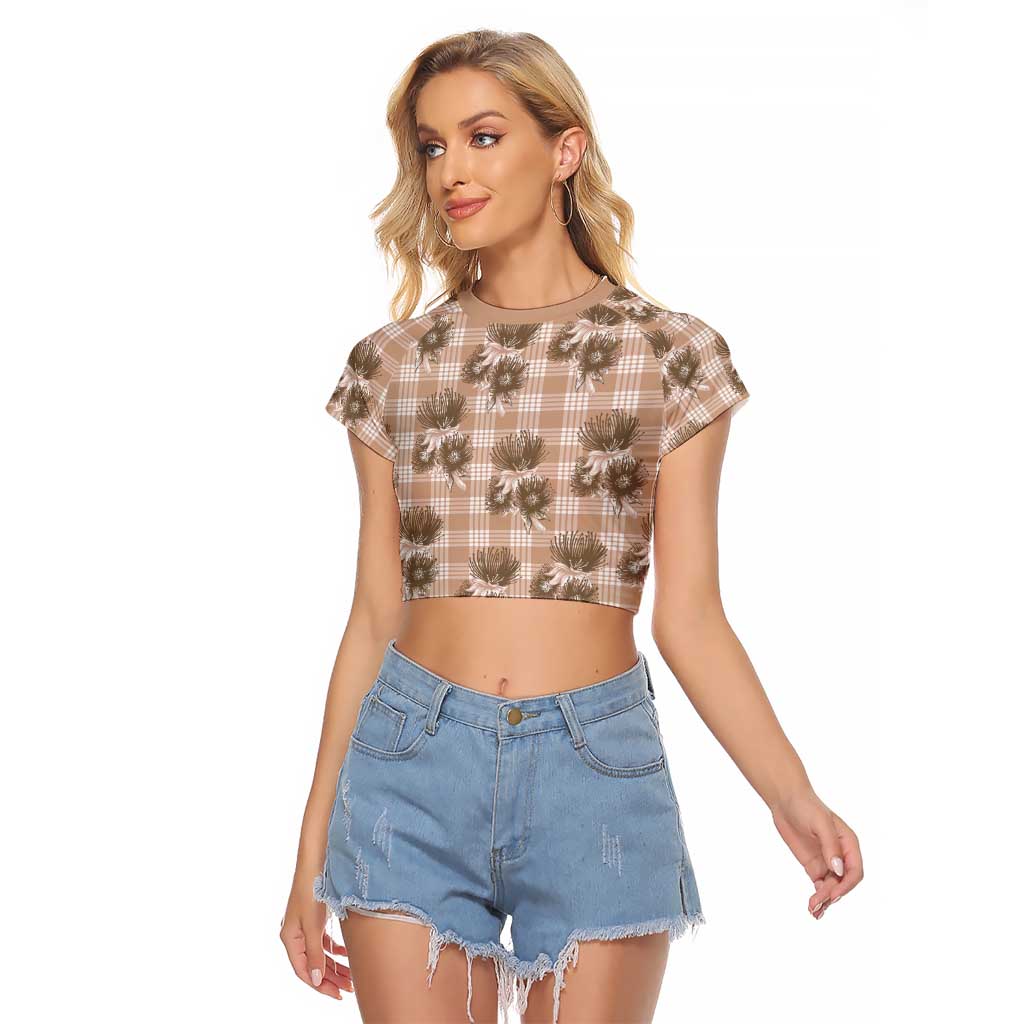 Brown Palaka Hawaii Raglan Cropped T Shirt Hawaiian Lehua Blossoms