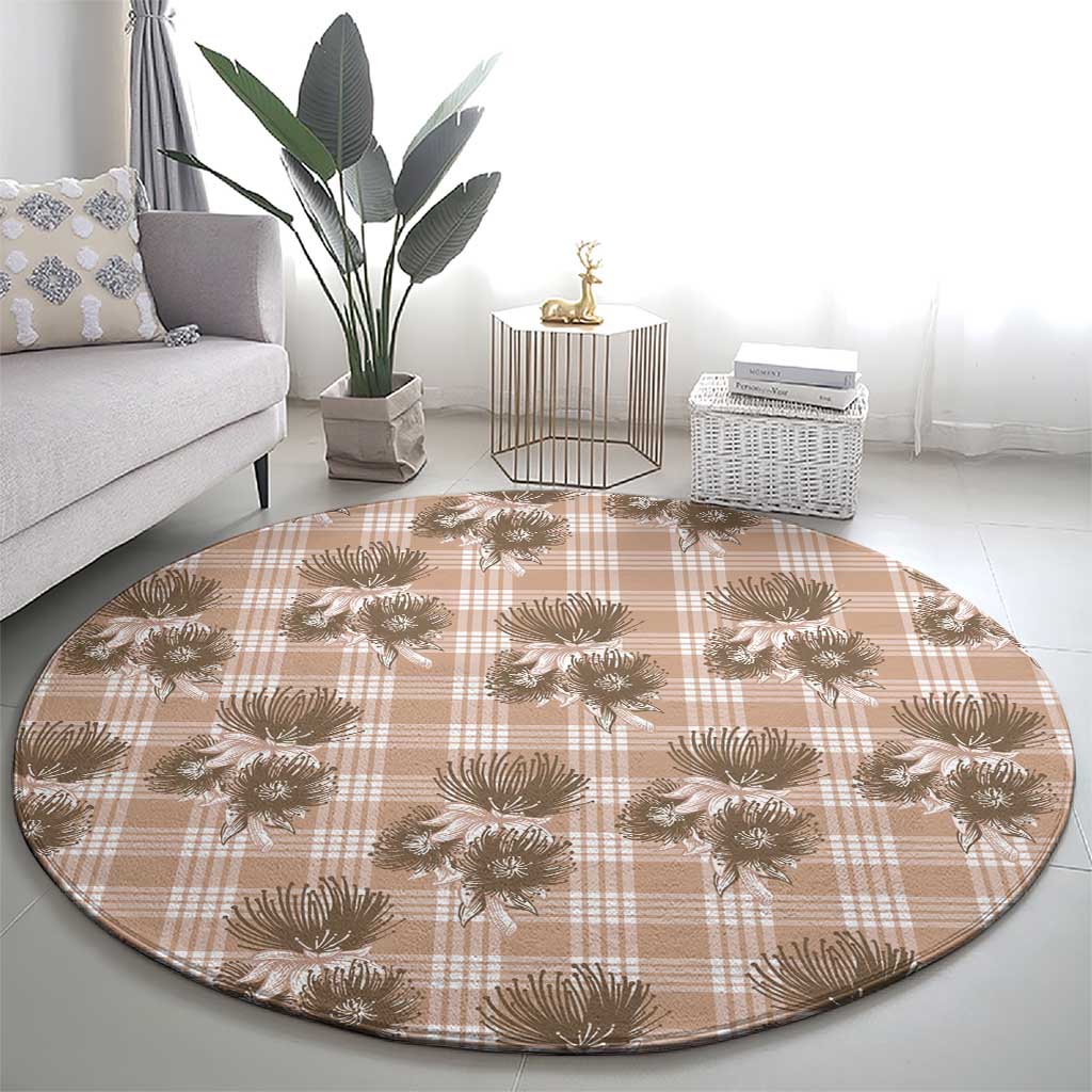Brown Palaka Hawaii Round Carpet Hawaiian Lehua Blossoms