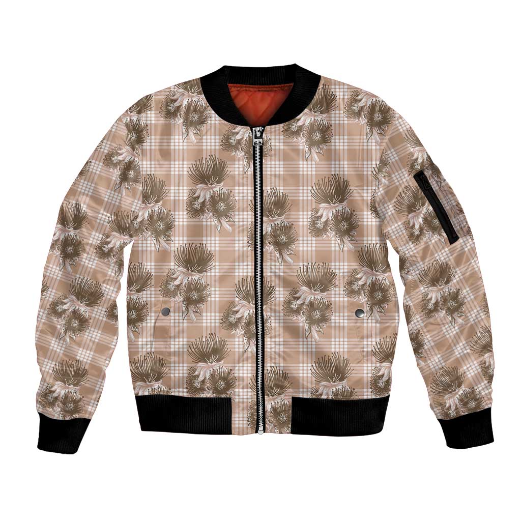 Brown Palaka Hawaii Sleeve Zip Bomber Jacket Hawaiian Lehua Blossoms