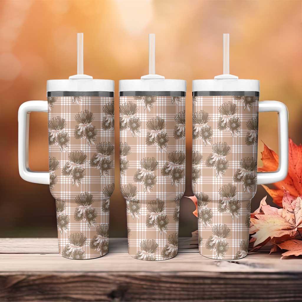 Brown Palaka Hawaii Tumbler With Handle Hawaiian Lehua Blossoms