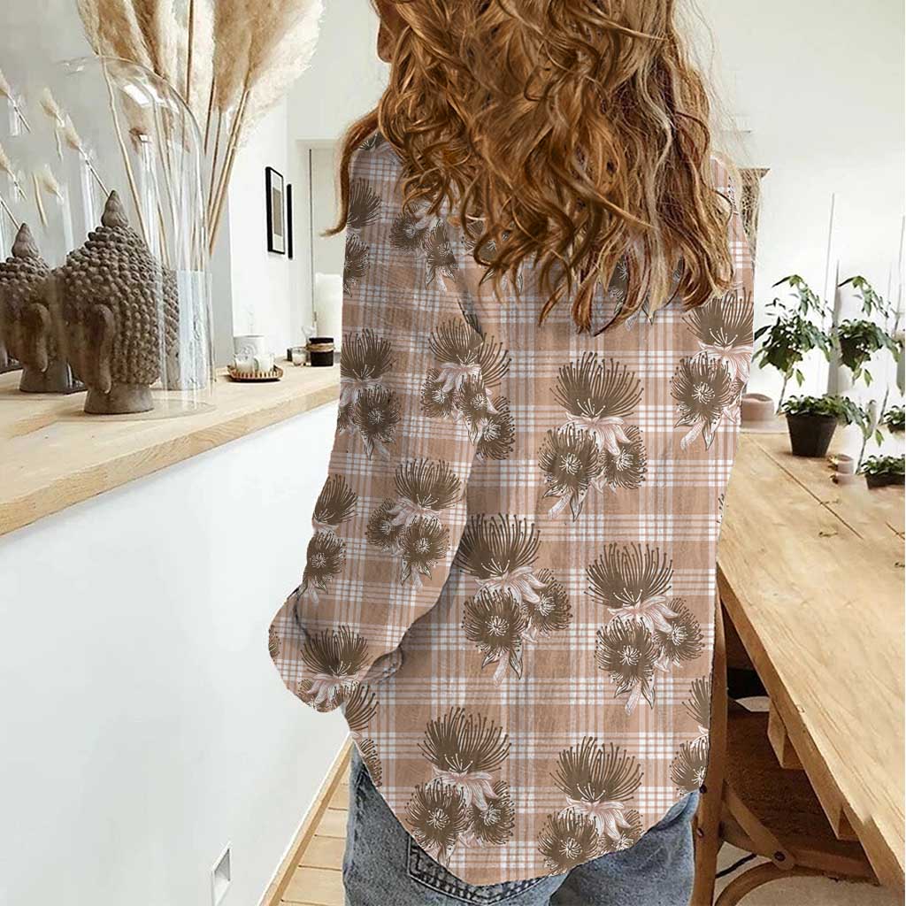 Brown Palaka Hawaii Women Casual Shirt Hawaiian Lehua Blossoms