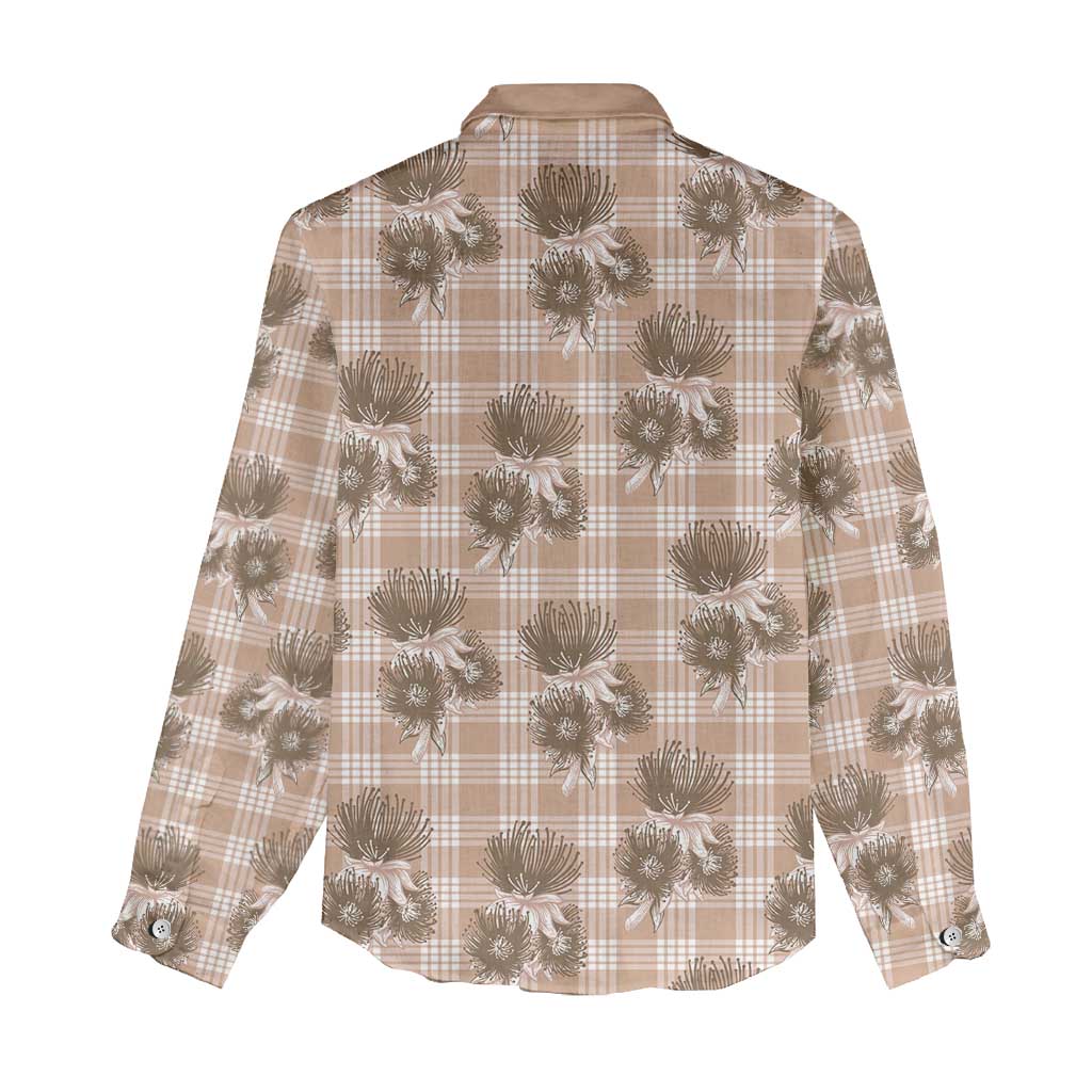 Brown Palaka Hawaii Women Casual Shirt Hawaiian Lehua Blossoms