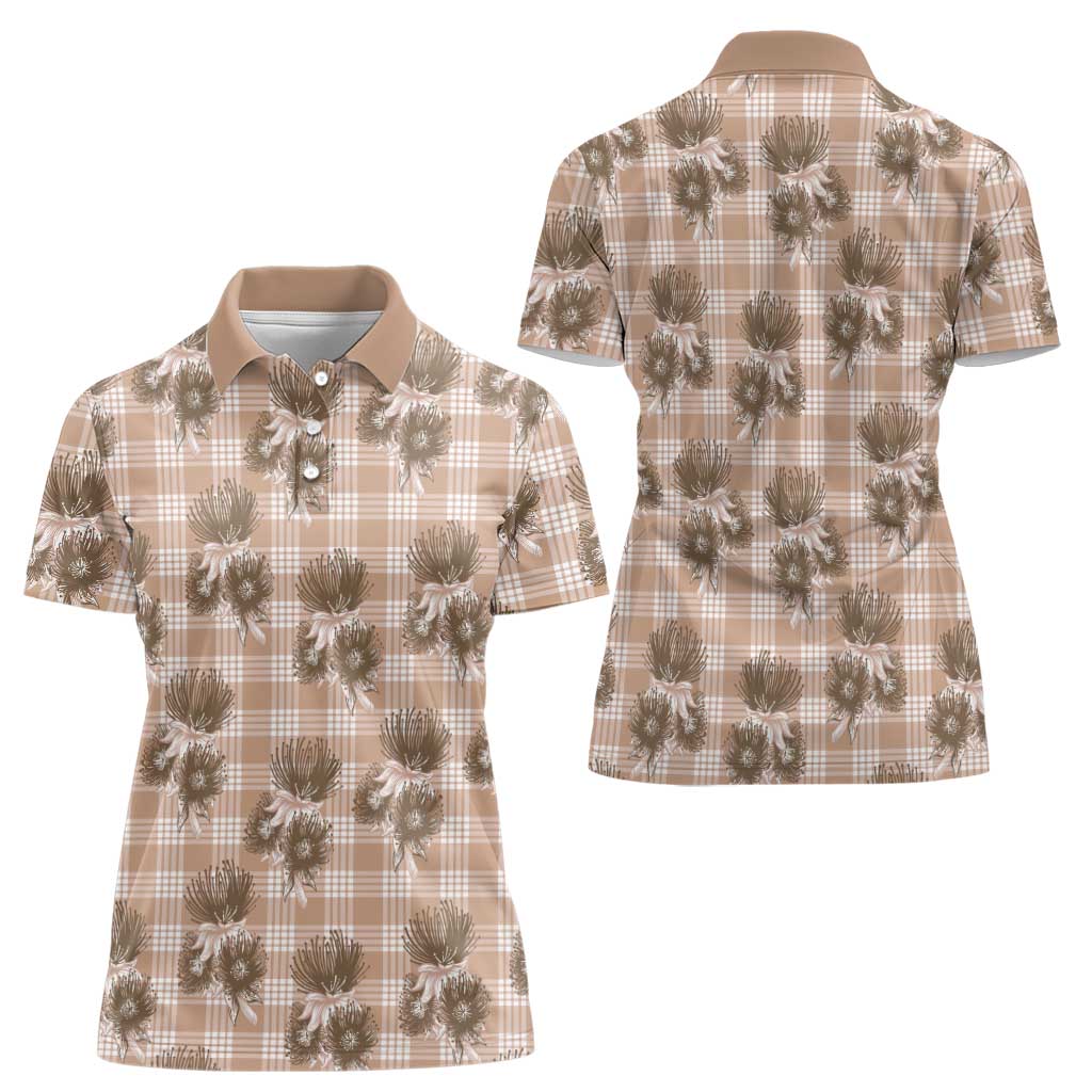 Brown Palaka Hawaii Women Polo Shirt Hawaiian Lehua Blossoms