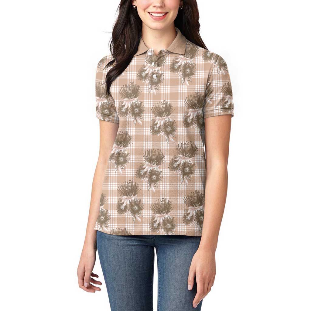 Brown Palaka Hawaii Women Polo Shirt Hawaiian Lehua Blossoms