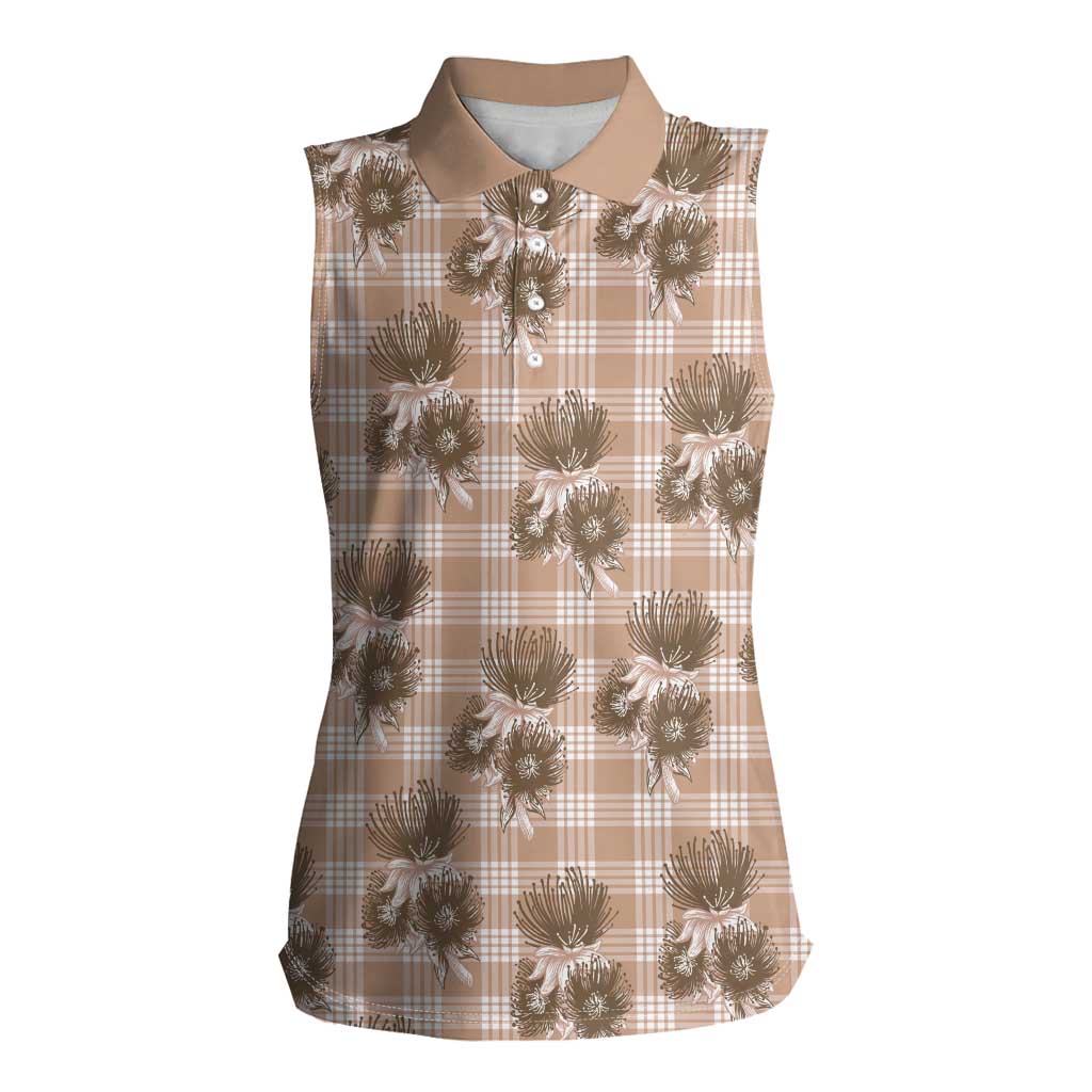 Brown Palaka Hawaii Women Sleeveless Polo Shirt Hawaiian Lehua Blossoms