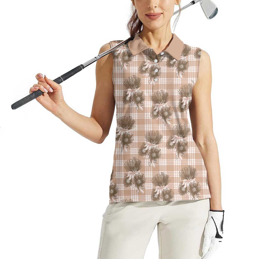 Brown Palaka Hawaii Women Sleeveless Polo Shirt Hawaiian Lehua Blossoms