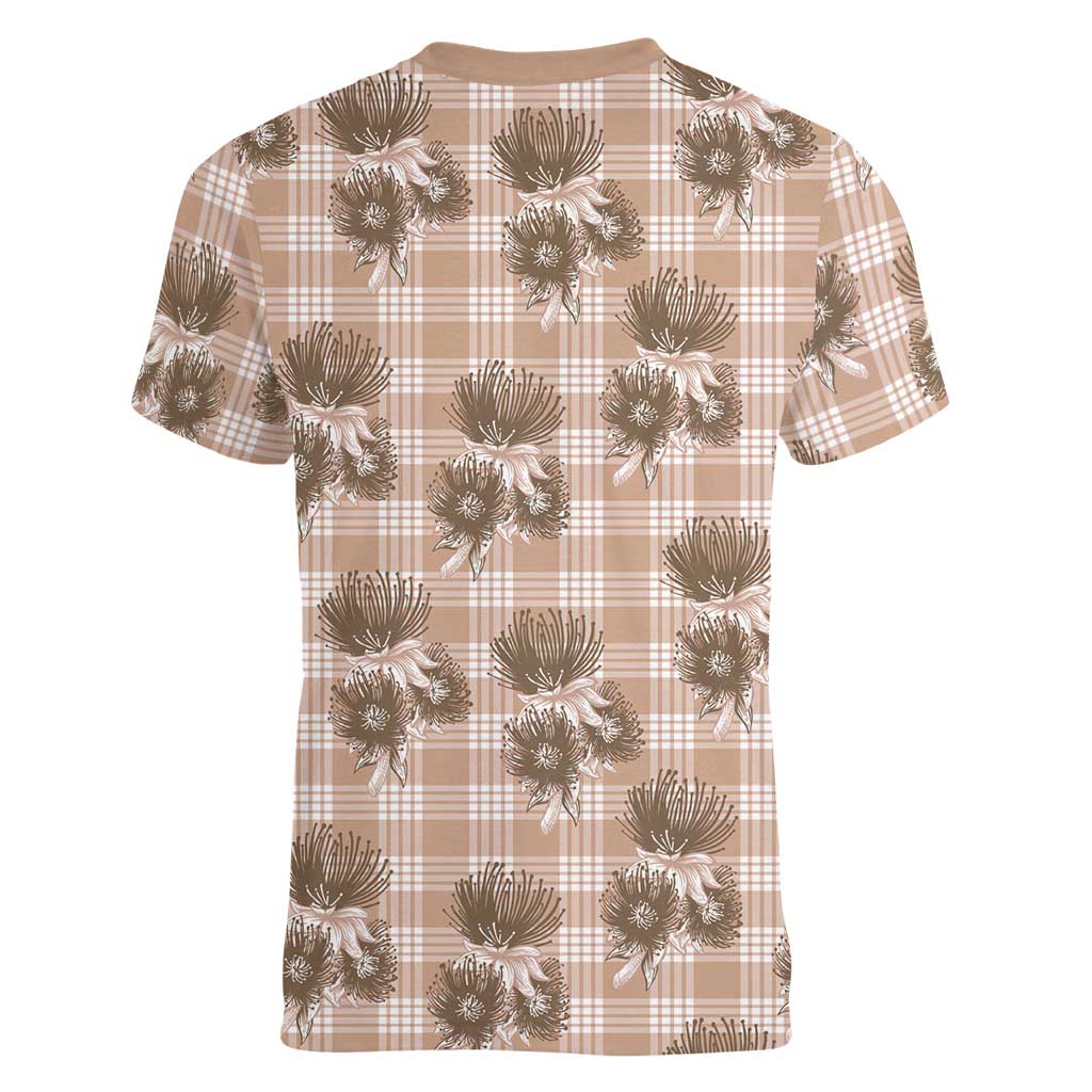 Brown Palaka Hawaii Women V-Neck T-Shirt Hawaiian Lehua Blossoms