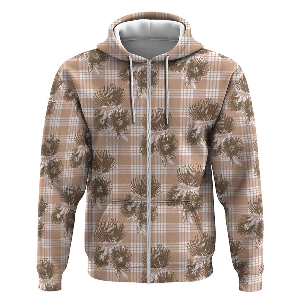 Brown Palaka Hawaii Zip Hoodie Hawaiian Lehua Blossoms