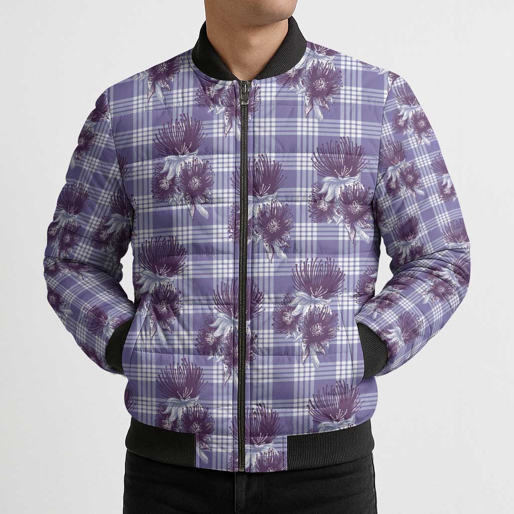 Purple Palaka Hawaii Bomber Puffer Jacket Hawaiian Lehua Blossoms