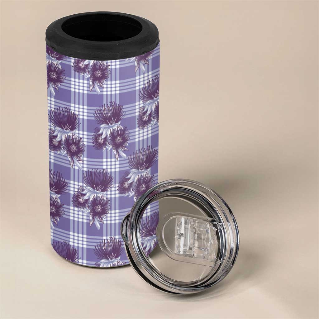 Purple Palaka Hawaii 4 in 1 Can Cooler Tumbler Hawaiian Lehua Blossoms