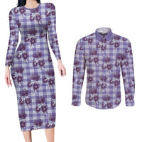 Purple Palaka Hawaii Couples Matching Long Sleeve Bodycon Dress and Long Sleeve Button Shirt Hawaiian Lehua Blossoms LT05 Purple - Polynesian Pride