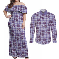 Purple Palaka Hawaii Couples Matching Off Shoulder Maxi Dress and Long Sleeve Button Shirt Hawaiian Lehua Blossoms