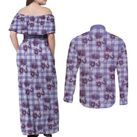 Purple Palaka Hawaii Couples Matching Off Shoulder Maxi Dress and Long Sleeve Button Shirt Hawaiian Lehua Blossoms