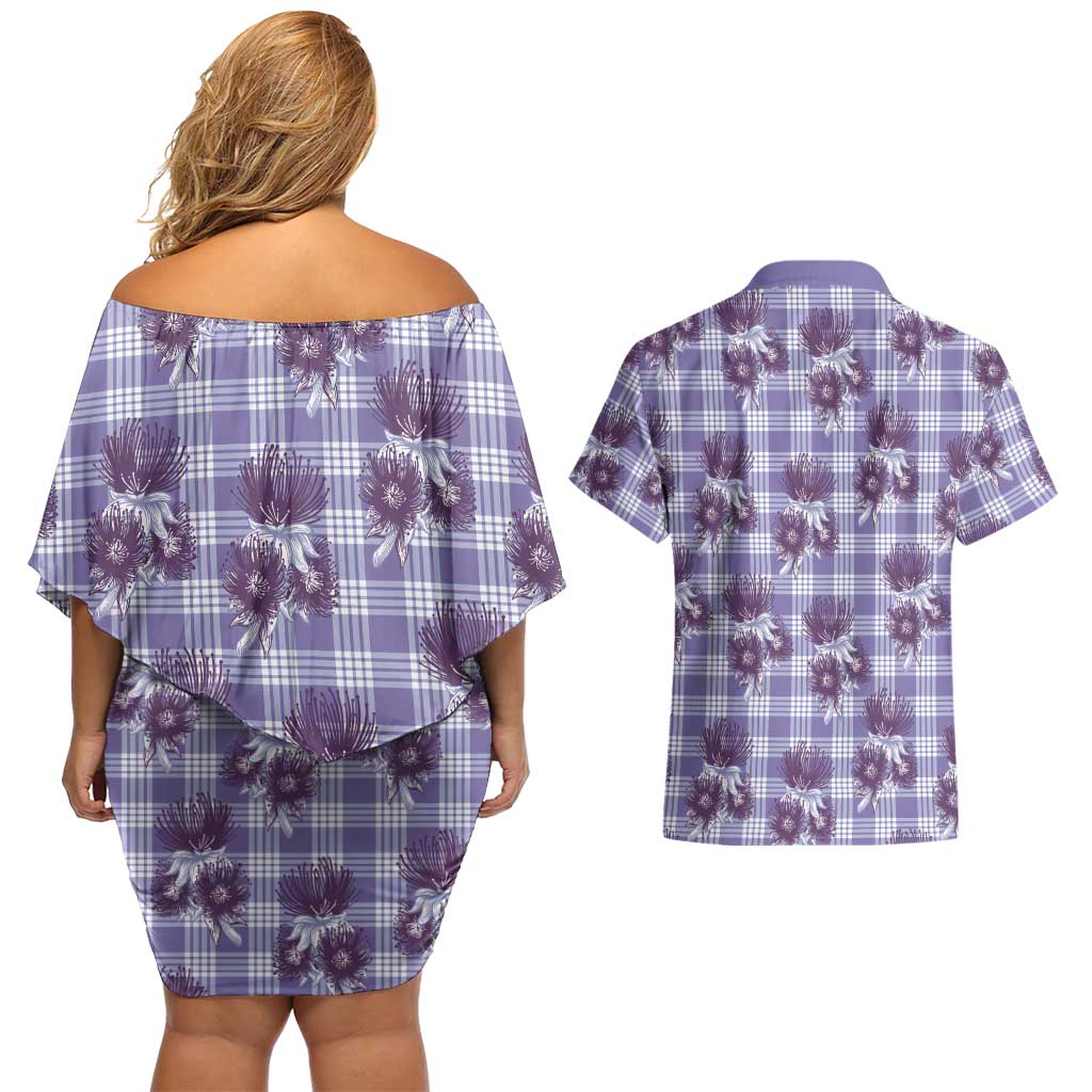 Purple Palaka Hawaii Couples Matching Off Shoulder Short Dress and Hawaiian Shirt Hawaiian Lehua Blossoms LT05 - Polynesian Pride