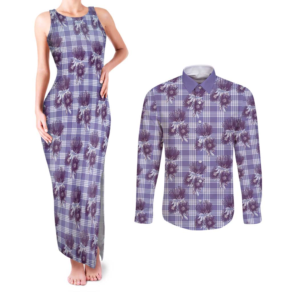 Purple Palaka Hawaii Couples Matching Tank Maxi Dress and Long Sleeve Button Shirt Hawaiian Lehua Blossoms