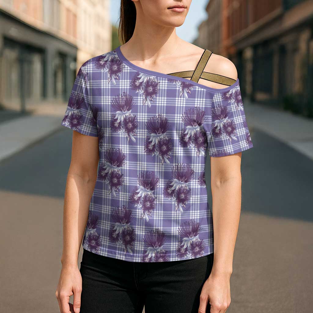 Purple Palaka Hawaii Cross Shoulder Shirt Hawaiian Lehua Blossoms