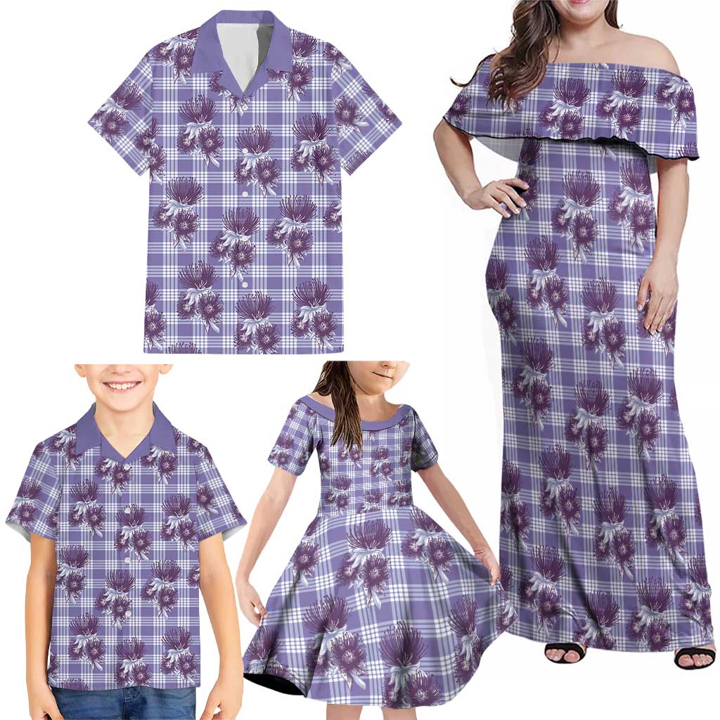 Purple Palaka Hawaii Family Matching Off Shoulder Maxi Dress and Hawaiian Shirt Hawaiian Lehua Blossoms LT05 - Polynesian Pride