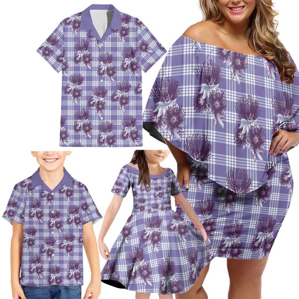 Purple Palaka Hawaii Family Matching Off Shoulder Short Dress and Hawaiian Shirt Hawaiian Lehua Blossoms
