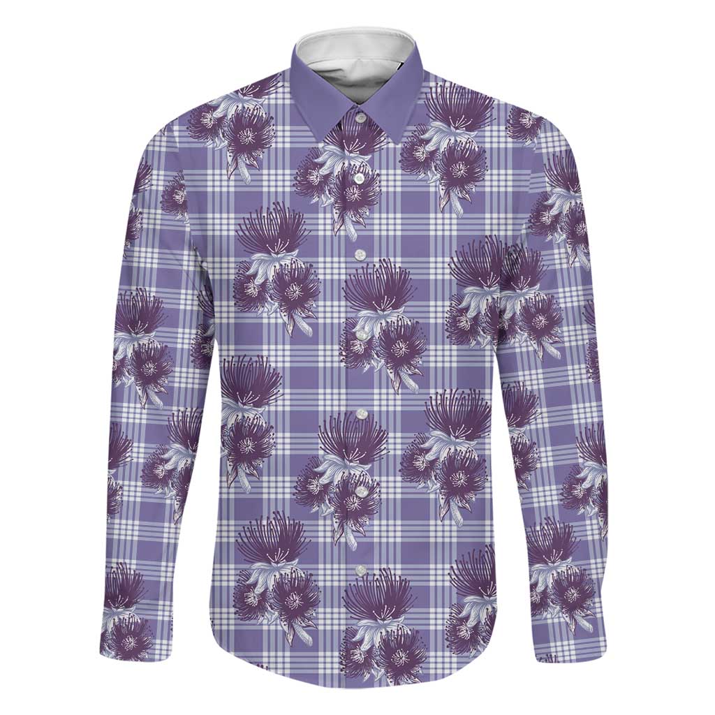 Purple Palaka Hawaii Family Matching Puletasi and Hawaiian Shirt Hawaiian Lehua Blossoms LT05 Dad's Shirt - Long Sleeve Purple - Polynesian Pride