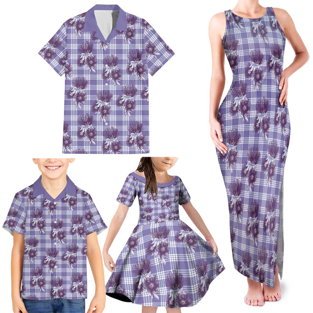 Purple Palaka Hawaii Family Matching Tank Maxi Dress and Hawaiian Shirt Hawaiian Lehua Blossoms